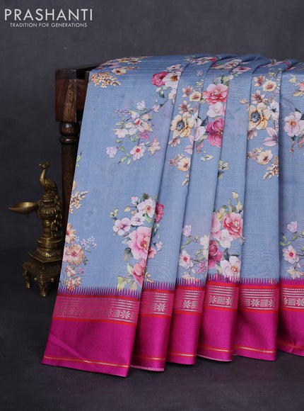 Maheshwari silk cotton saree grey and pink with allover floral digital prints and rettapet thread woven border