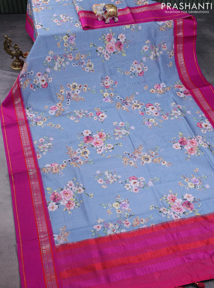 Maheshwari silk cotton saree grey and pink with allover floral digital prints and rettapet thread woven border