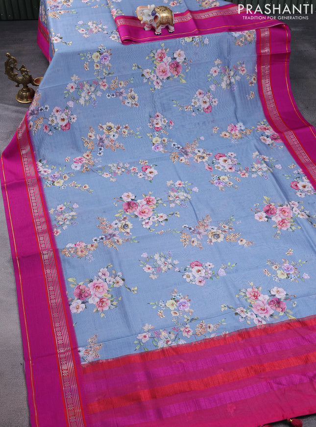 Maheshwari silk cotton saree grey and pink with allover floral digital prints and rettapet thread woven border