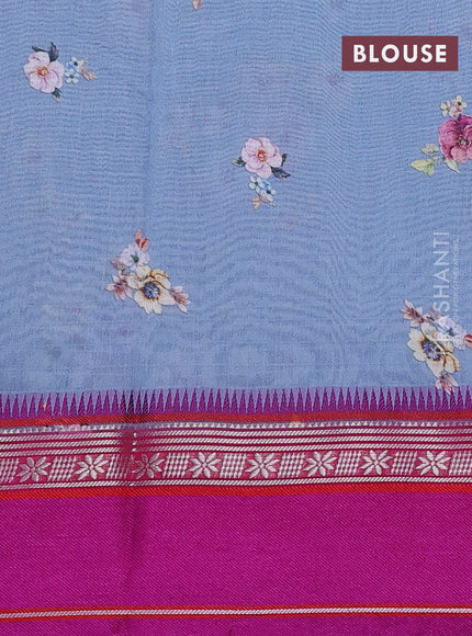 Maheshwari silk cotton saree grey and pink with allover floral digital prints and rettapet thread woven border