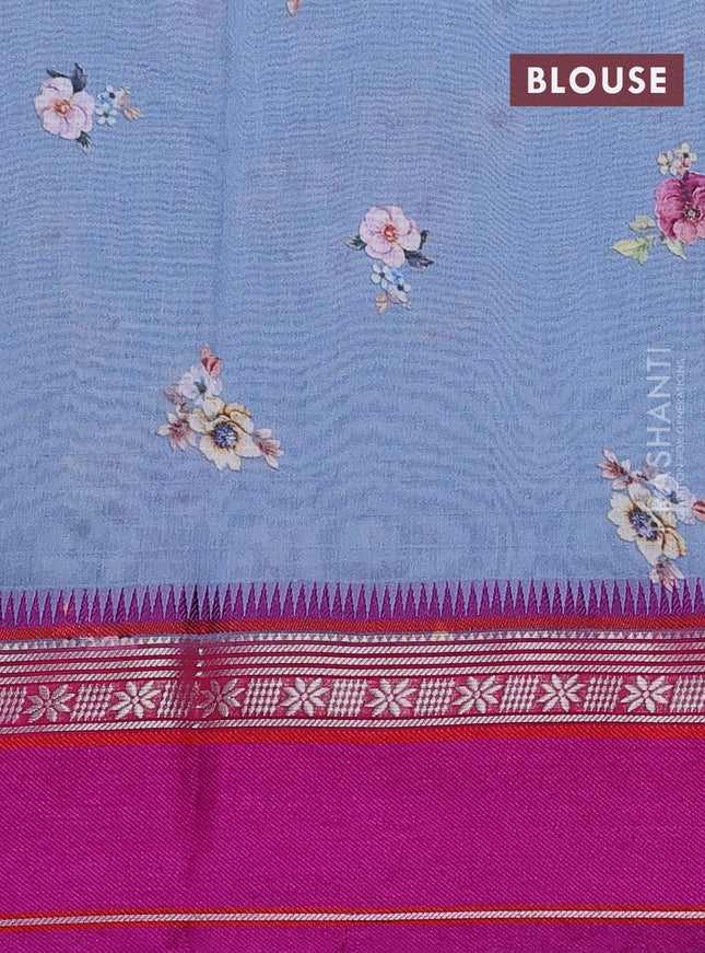 Maheshwari silk cotton saree grey and pink with allover floral digital prints and rettapet thread woven border