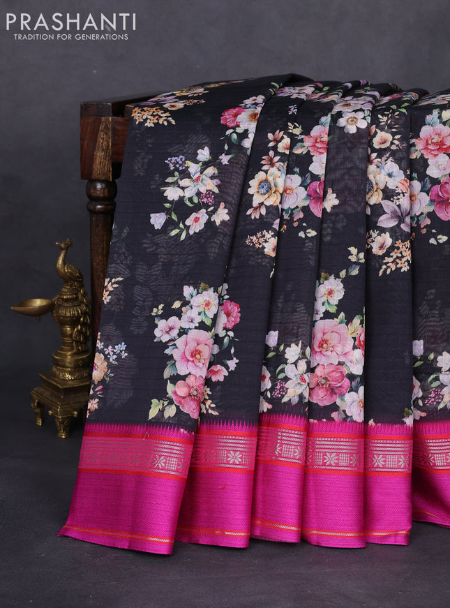 Maheshwari silk cotton saree black and pink with allover floral digital prints and rettapet thread woven border