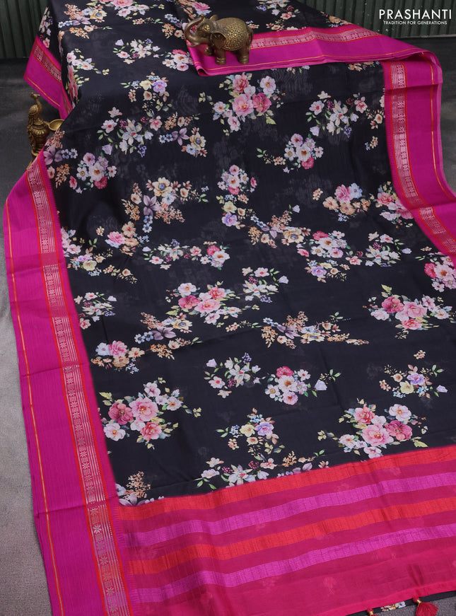 Maheshwari silk cotton saree black and pink with allover floral digital prints and rettapet thread woven border