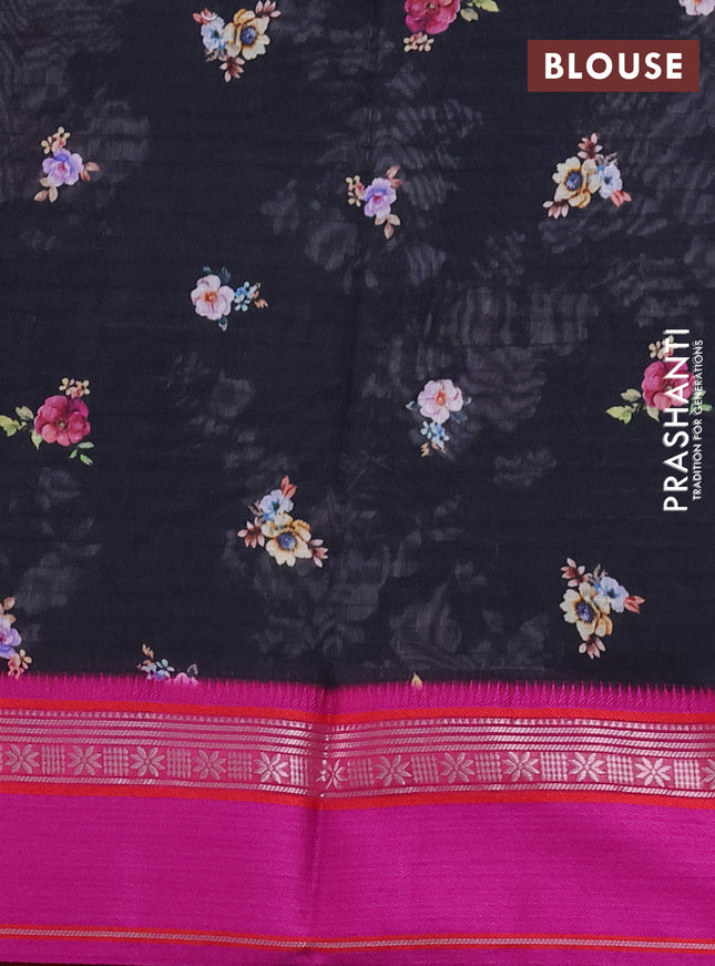Maheshwari silk cotton saree black and pink with allover floral digital prints and rettapet thread woven border