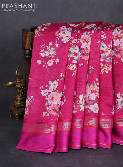 Maheshwari silk cotton saree dark pink with allover floral digital prints and rettapet thread woven border