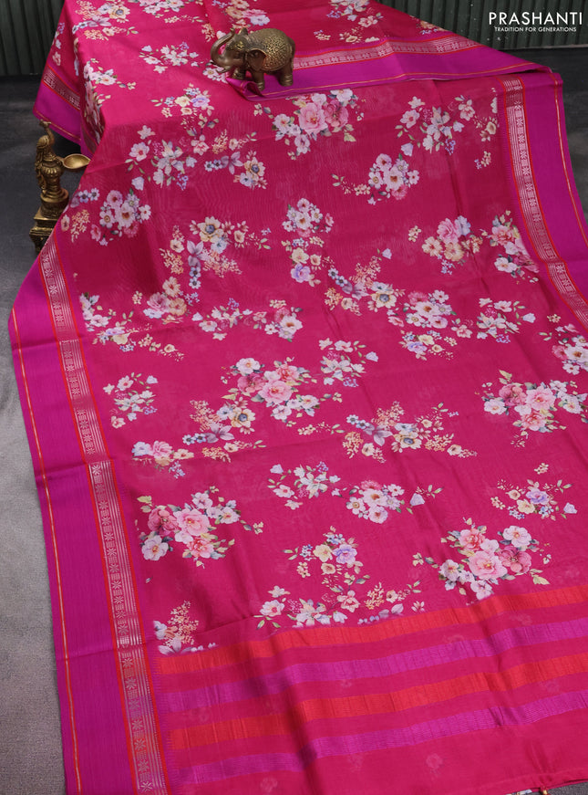 Maheshwari silk cotton saree dark pink with allover floral digital prints and rettapet thread woven border