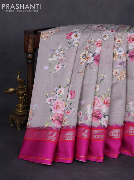 Maheshwari silk cotton saree grey and pink with allover floral digital prints and rettapet thread woven border