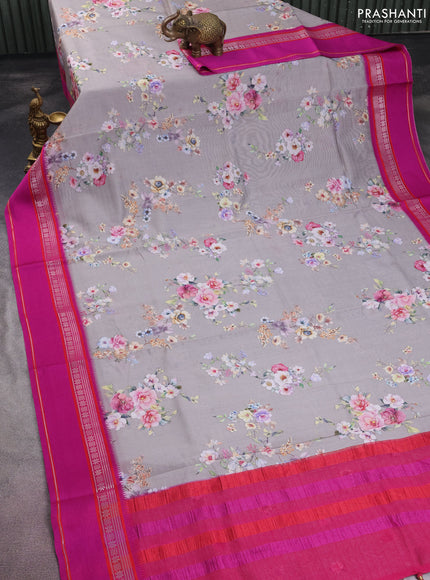 Maheshwari silk cotton saree grey and pink with allover floral digital prints and rettapet thread woven border