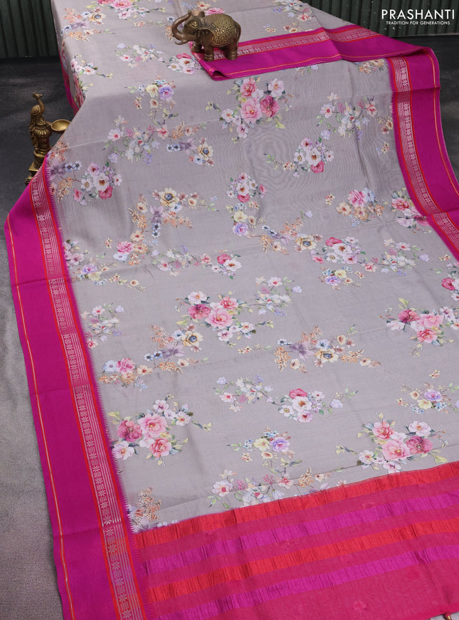 Maheshwari silk cotton saree grey and pink with allover floral digital prints and rettapet thread woven border