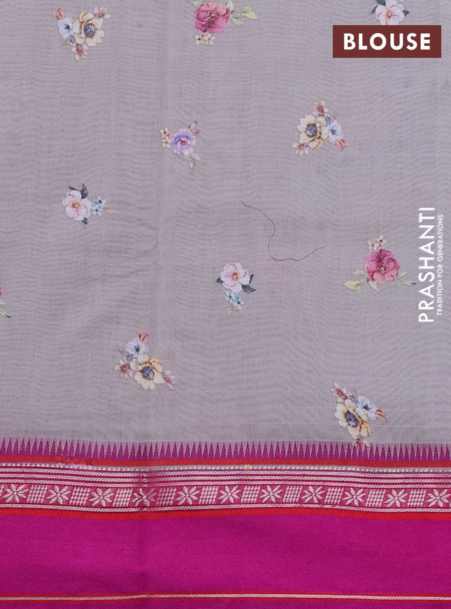 Maheshwari silk cotton saree grey and pink with allover floral digital prints and rettapet thread woven border