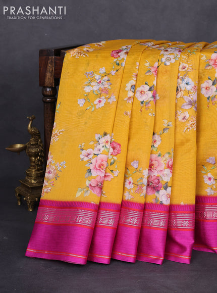 Maheshwari silk cotton saree yellow and pink with allover floral digital prints and rettapet thread woven border