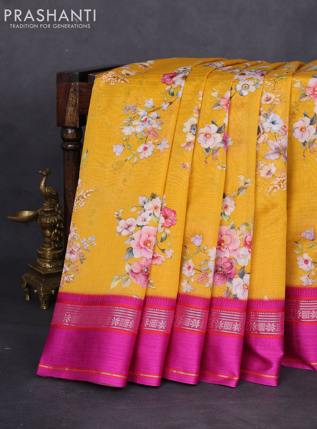 Maheshwari silk cotton saree yellow and pink with allover floral digital prints and rettapet thread woven border
