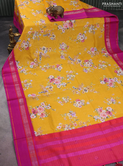 Maheshwari silk cotton saree yellow and pink with allover floral digital prints and rettapet thread woven border