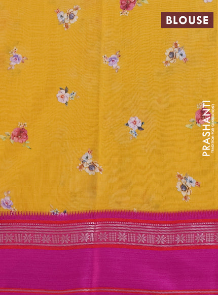 Maheshwari silk cotton saree yellow and pink with allover floral digital prints and rettapet thread woven border
