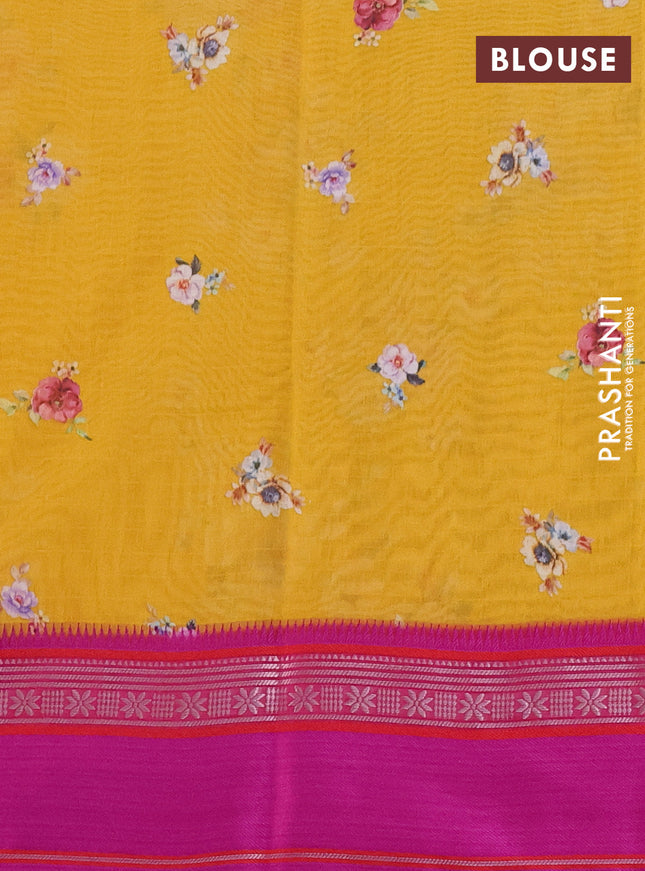 Maheshwari silk cotton saree yellow and pink with allover floral digital prints and rettapet thread woven border