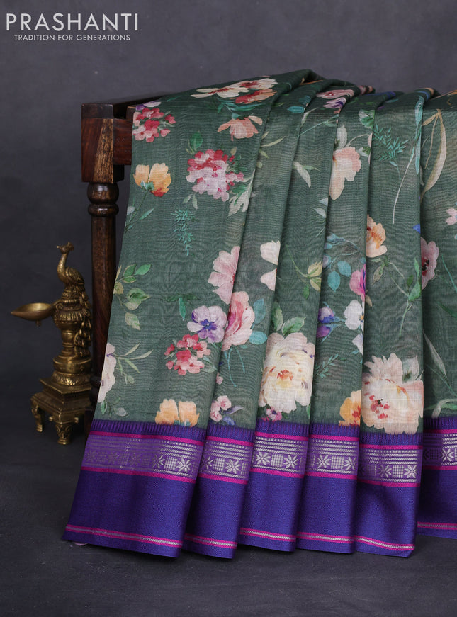 Maheshwari silk cotton saree sap green and purple with allover floral digital prints and rettapet thread woven border