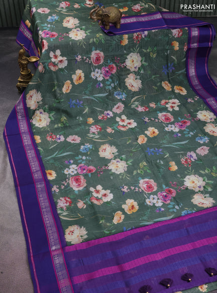 Maheshwari silk cotton saree sap green and purple with allover floral digital prints and rettapet thread woven border
