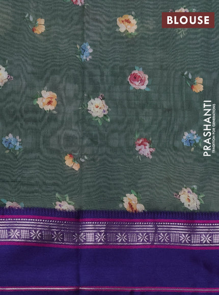 Maheshwari silk cotton saree sap green and purple with allover floral digital prints and rettapet thread woven border