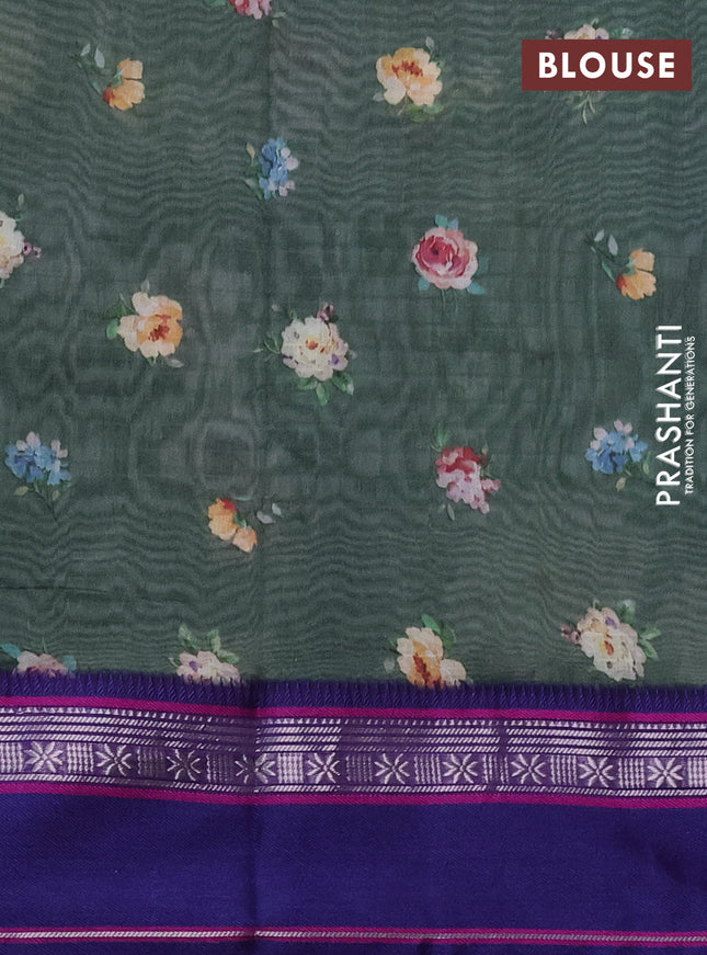 Maheshwari silk cotton saree sap green and purple with allover floral digital prints and rettapet thread woven border