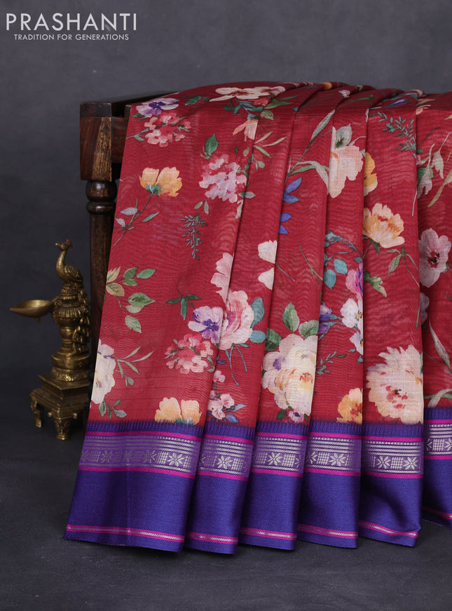 Maheshwari silk cotton saree maroon and purple with allover floral digital prints and rettapet thread woven border