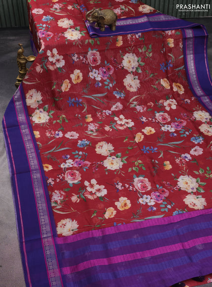Maheshwari silk cotton saree maroon and purple with allover floral digital prints and rettapet thread woven border