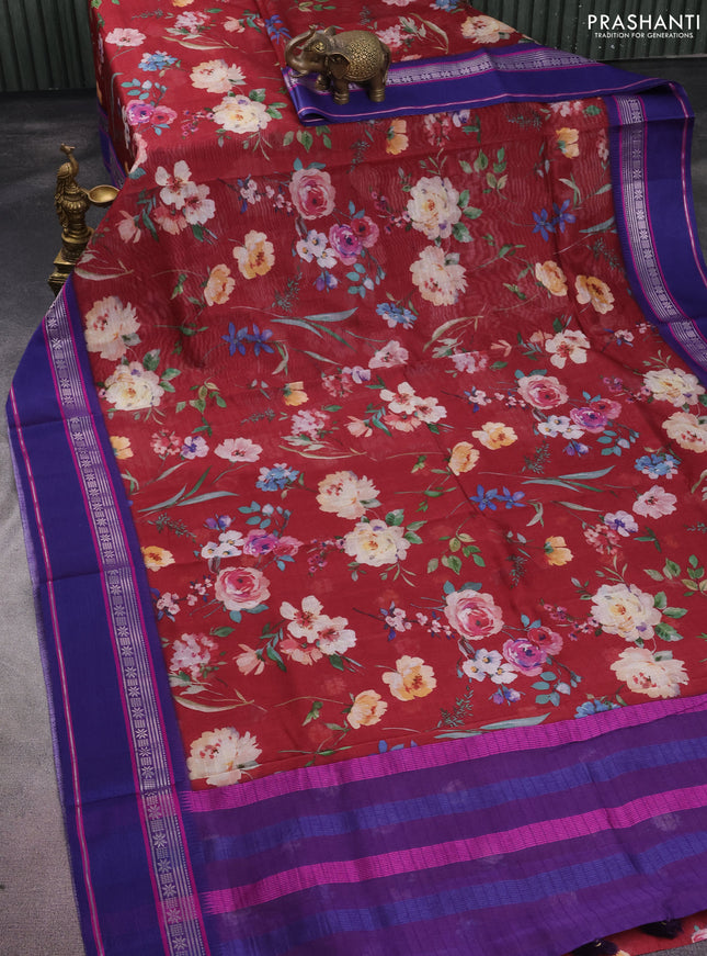 Maheshwari silk cotton saree maroon and purple with allover floral digital prints and rettapet thread woven border