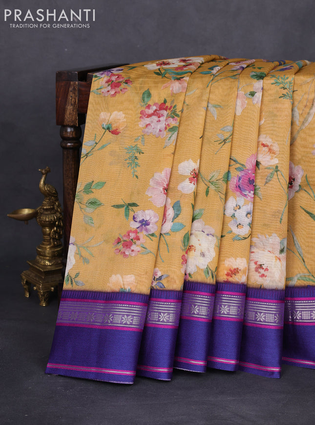 Maheshwari silk cotton saree mustard yellow and purple with allover floral digital prints and rettapet thread woven border