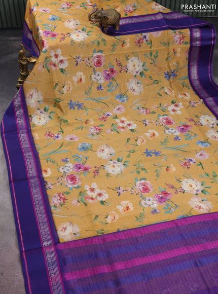 Maheshwari silk cotton saree mustard yellow and purple with allover floral digital prints and rettapet thread woven border