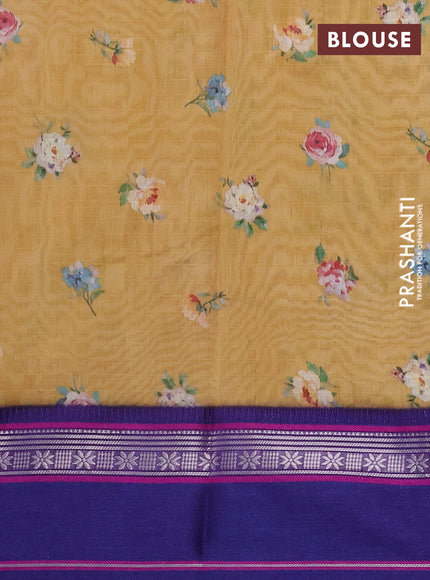 Maheshwari silk cotton saree mustard yellow and purple with allover floral digital prints and rettapet thread woven border