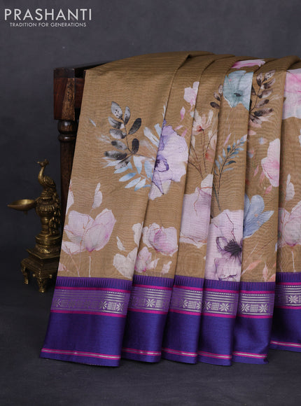 Maheshwari silk cotton saree dark sandal and purple with allover floral digital prints and rettapet thread woven border