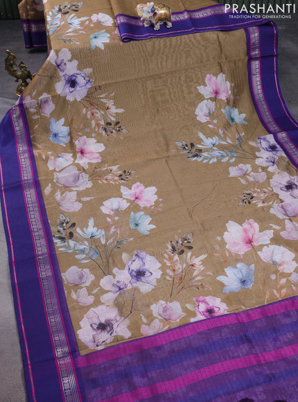 Maheshwari silk cotton saree dark sandal and purple with allover floral digital prints and rettapet thread woven border