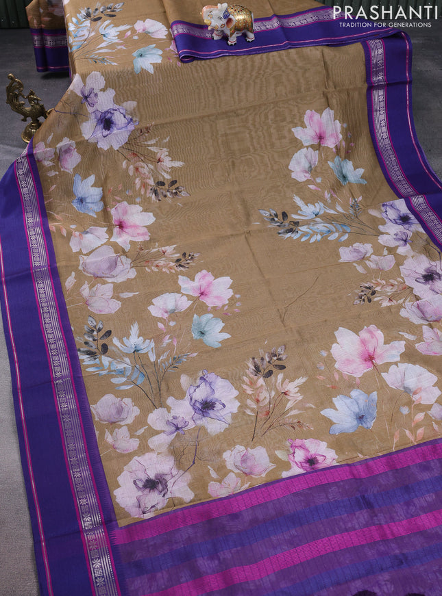 Maheshwari silk cotton saree dark sandal and purple with allover floral digital prints and rettapet thread woven border