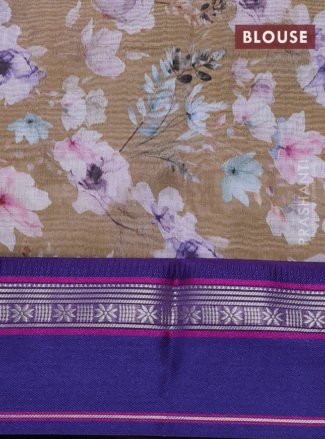 Maheshwari silk cotton saree dark sandal and purple with allover floral digital prints and rettapet thread woven border