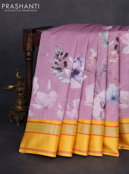 Maheshwari silk cotton saree pastel pink and yellow with allover floral digital prints and rettapet thread woven border