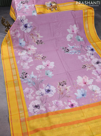 Maheshwari silk cotton saree pastel pink and yellow with allover floral digital prints and rettapet thread woven border