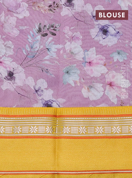 Maheshwari silk cotton saree pastel pink and yellow with allover floral digital prints and rettapet thread woven border