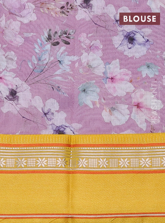 Maheshwari silk cotton saree pastel pink and yellow with allover floral digital prints and rettapet thread woven border