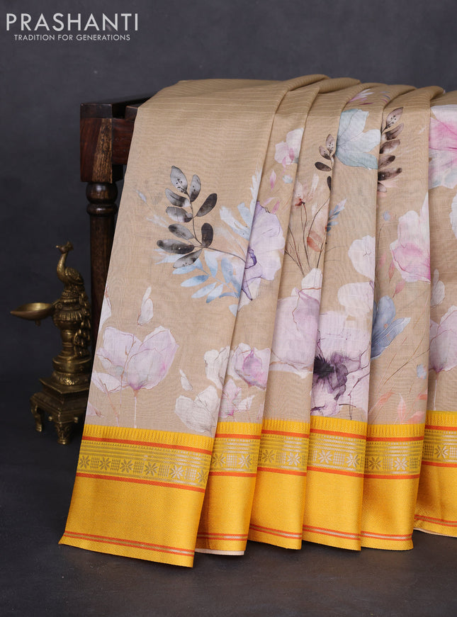 Maheshwari silk cotton saree beige and yellow with allover floral digital prints and rettapet thread woven border