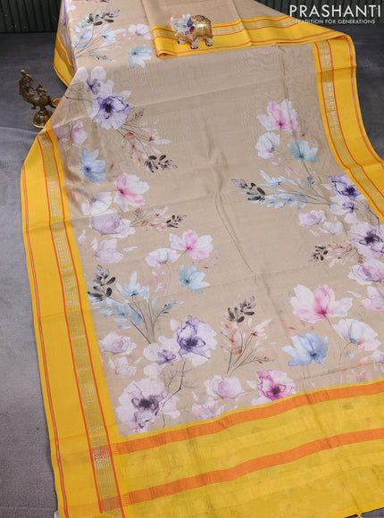 Maheshwari silk cotton saree beige and yellow with allover floral digital prints and rettapet thread woven border