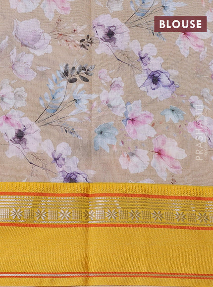 Maheshwari silk cotton saree beige and yellow with allover floral digital prints and rettapet thread woven border