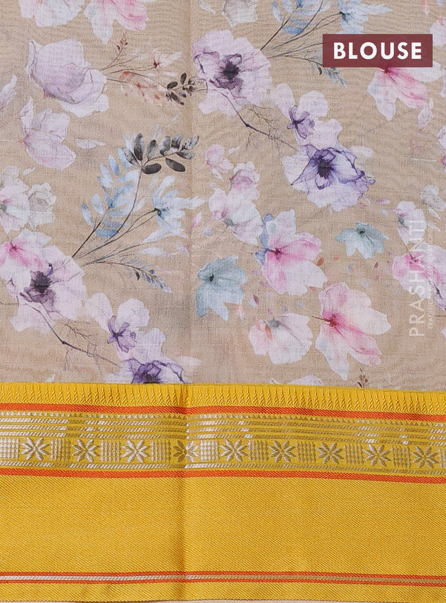 Maheshwari silk cotton saree beige and yellow with allover floral digital prints and rettapet thread woven border