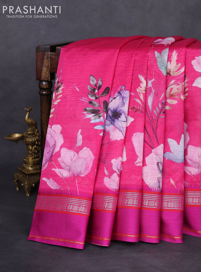 Maheshwari silk cotton saree pink with allover floral digital prints and rettapet thread woven border