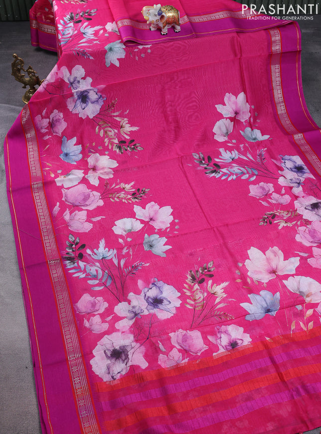 Maheshwari silk cotton saree pink with allover floral digital prints and rettapet thread woven border