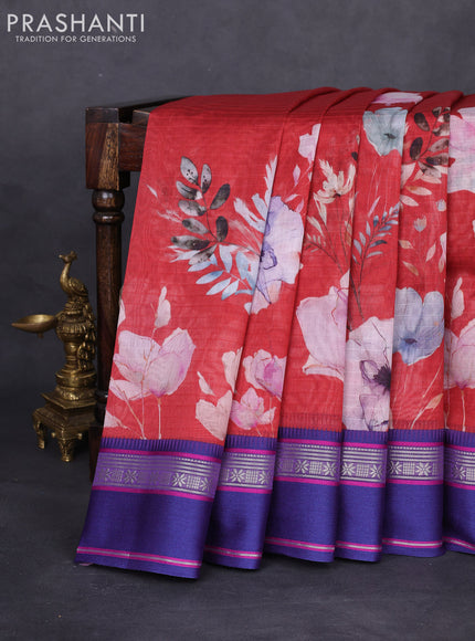 Maheshwari silk cotton saree maroon and blue with floral digital prints and rettapet thread woven border