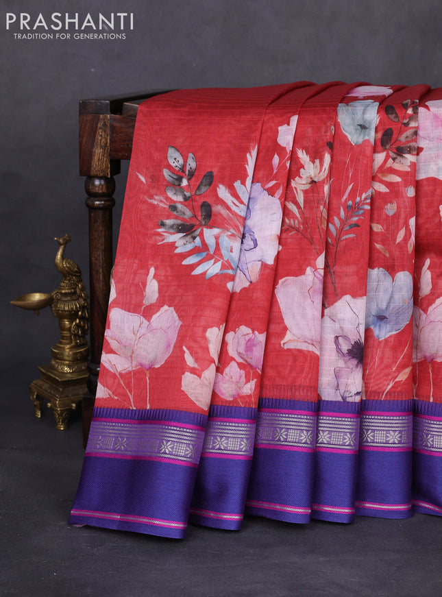 Maheshwari silk cotton saree maroon and blue with floral digital prints and rettapet thread woven border