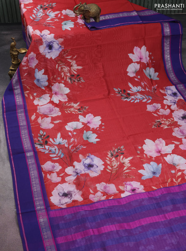 Maheshwari silk cotton saree maroon and blue with floral digital prints and rettapet thread woven border