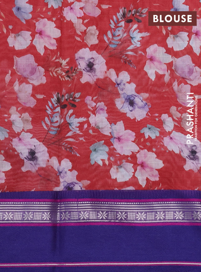 Maheshwari silk cotton saree maroon and blue with floral digital prints and rettapet thread woven border