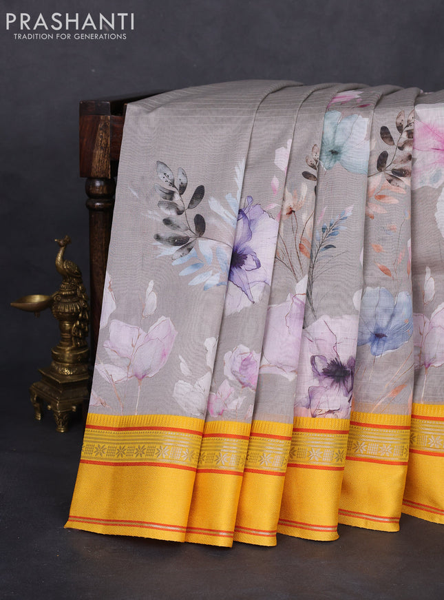 Maheshwari silk cotton saree grey and yellow with floral digital prints and rettapet thread woven border