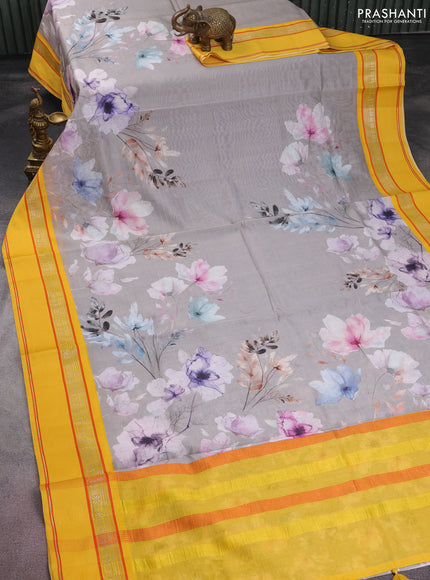 Maheshwari silk cotton saree grey and yellow with floral digital prints and rettapet thread woven border