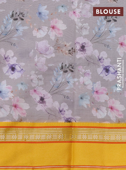Maheshwari silk cotton saree grey and yellow with floral digital prints and rettapet thread woven border